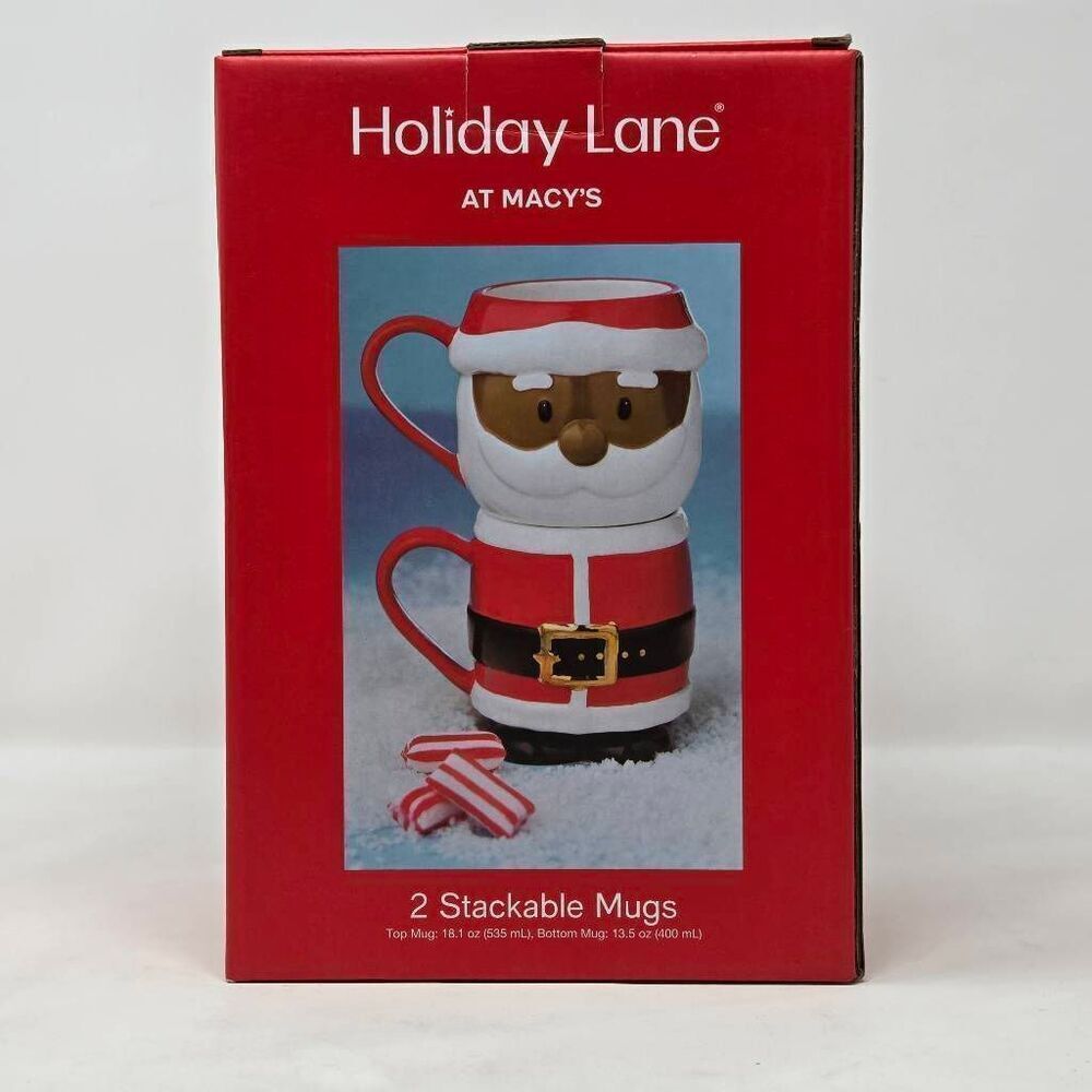 HOLIDAY LANE MACYS CHRISTMAS BLACK AFRICAN AMERICAN SANTA 2 STACKABLE MUGS NEW